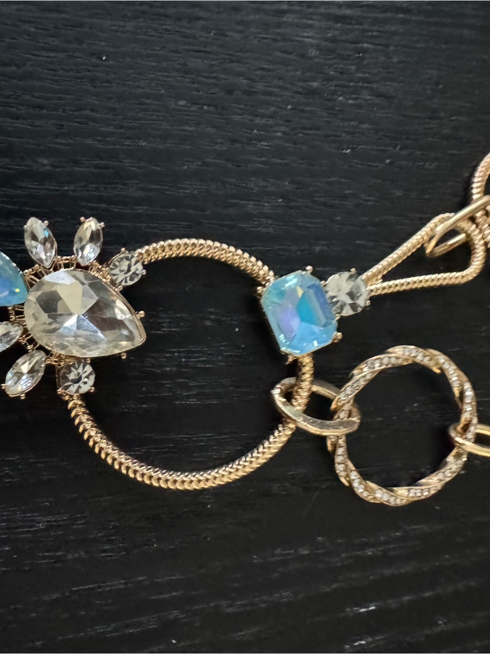 Gold-Tone Necklace with Blue Opal and Clear Crystals